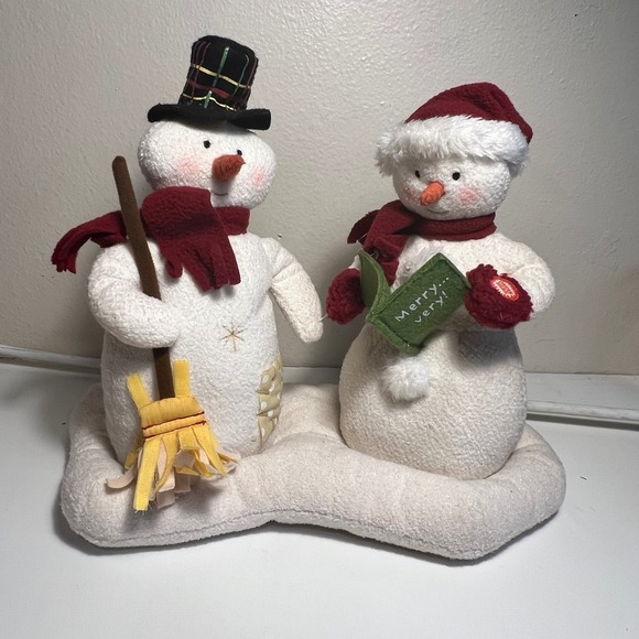 Hallmark Other - Vintage Hallmark Musical Snowman Duo White Red Plaid Hat Broom Singing Decor